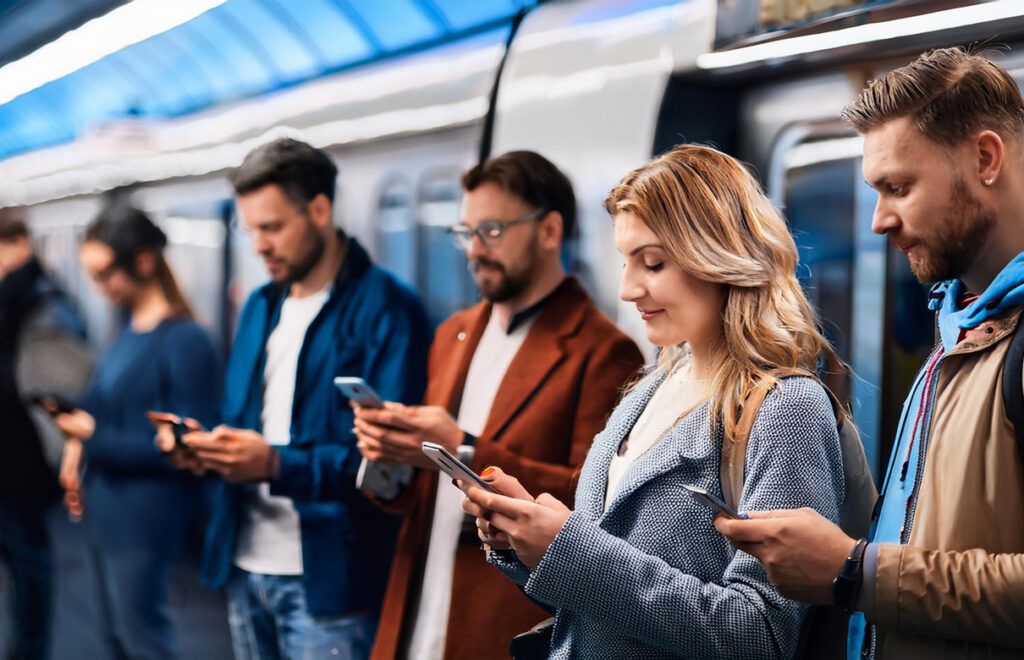 Personen in der U-Bahn, die auf ihr Handy sehen. Sie nutzen nicht das offene Web, sondern Apps. 