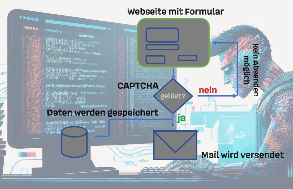 Dieses Diagramm zeigt, wie ein Online-Formular mit Captcha-Schutz typischerweise funktioniert. Ein Captcha dient als Schutzschild gegen Spam und automatisierte Angriffe. Erst wenn ein Mensch die kleine Aufgabe löst, können die eingegebenen Daten sicher gespeichert und eine Bestätigung versendet werden. So wird gewährleistet, dass nur echte Nutzer mit Ihrer Website interagieren und Kontaktformulare nicht verwendet werden, um Spam zu generieren. 