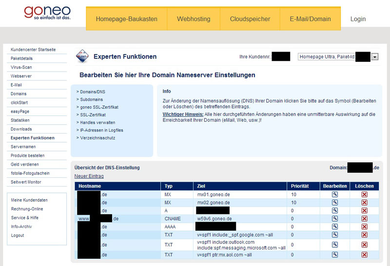 So richten Sie bei goneo die Einstellungen für SPF ein SPF Tag im goneo Kundencenter setzen